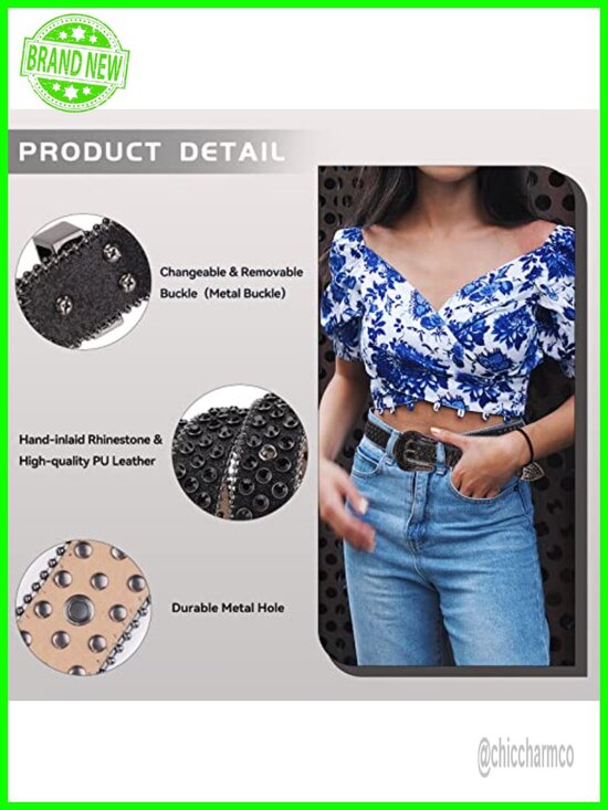 Rhinestone Studded PU Leather Western Belt with Buckle